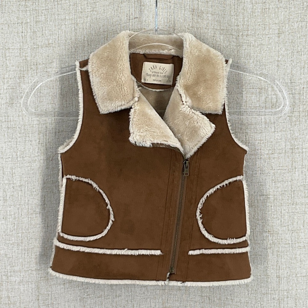 Zara Vest Girls 4 Brown Faux Suede Fur Lined Moto Zip Western Boho